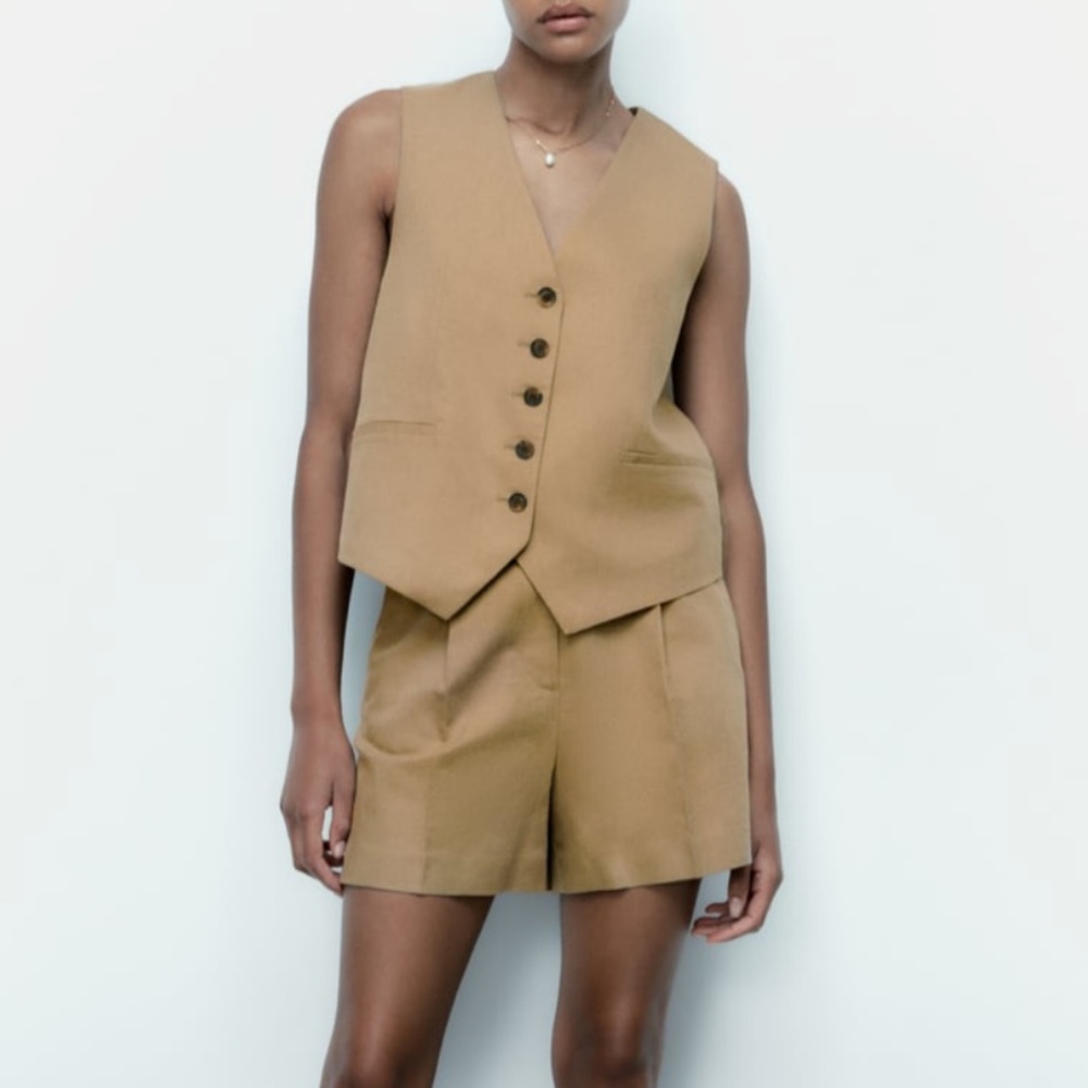 FLASH SALE Zara tan linen blend tailored vest and short set
